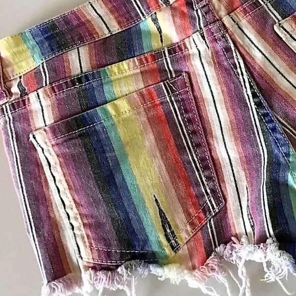 BILLABONG RAINBOW STRIPE LACE UP RAW HEM CUT OFF JEAN SHORTS - Picture 7 of 12